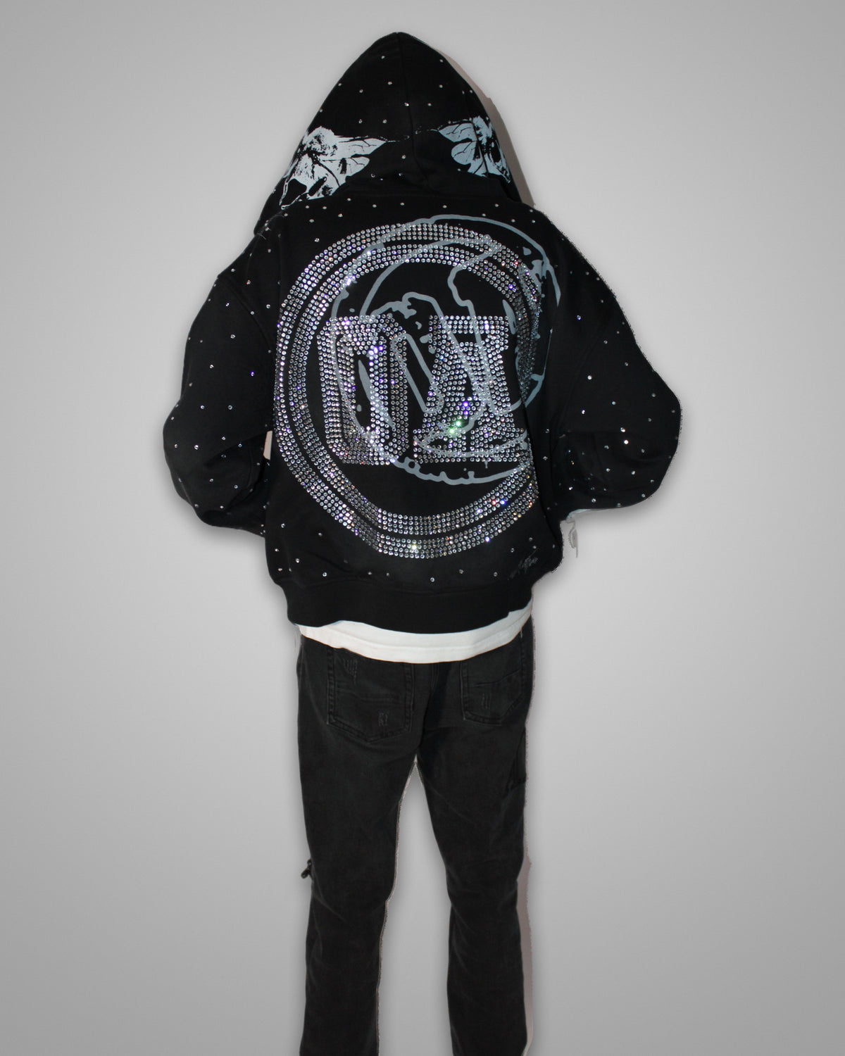 OUT THE MUD zip-up hoodie in black, back with the rhinestone OA crest