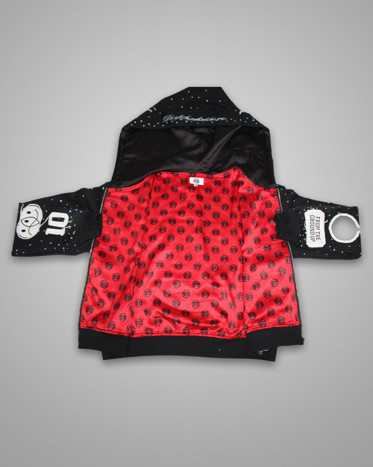 OUT THE MUD zip-up hoodie opened to show the red OA silk lining